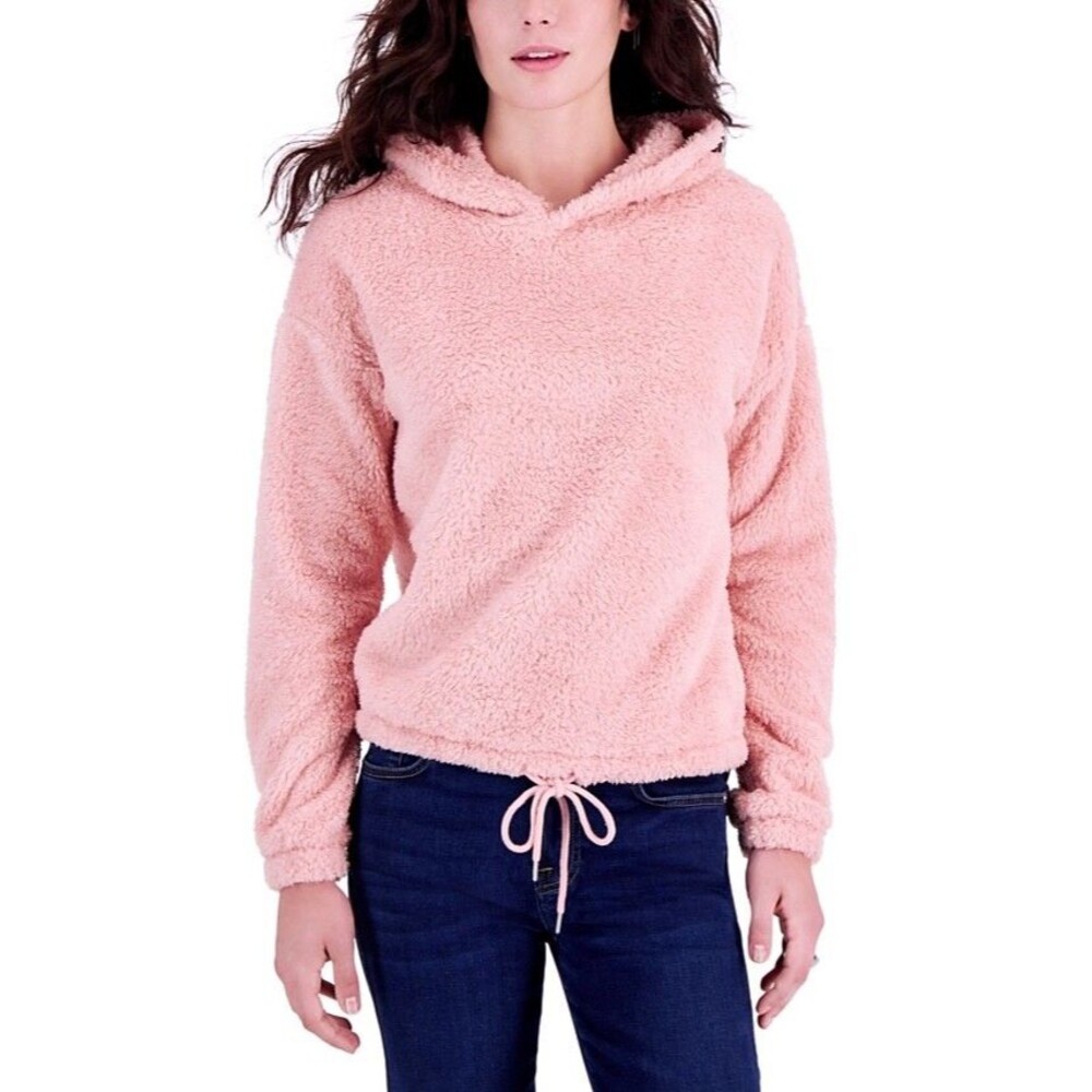 Planet Gold Junior's Plush Top Drawstring-Hem Hoodie Size M Silver Pink